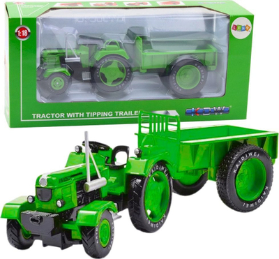 Lodër traktor metal me rimorkio, shkallë 1:18, jeshil