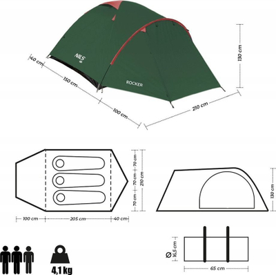 Çadër kampingu Nils Camp NC6013 Rocker, për 3 veta, e papërshkueshme nga uji, jeshile
