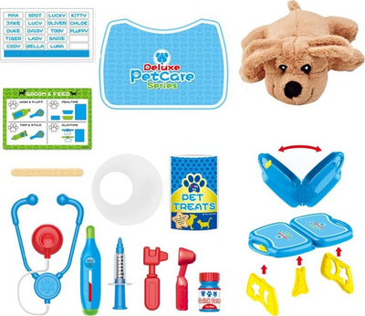 Set veteriner për kalamoj Woopie Deluxe PetCare, 18 copa, me qenush lodër, shumëngjyrësh