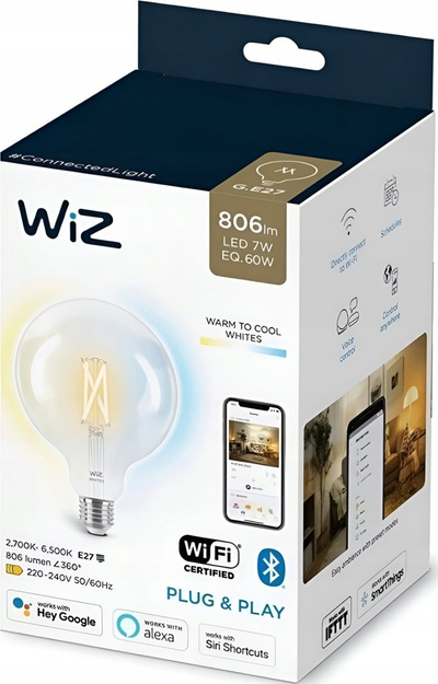 Llambë inteligjente WiZ Filament G125, 7W LED 60W EQ, E27, xham transparent