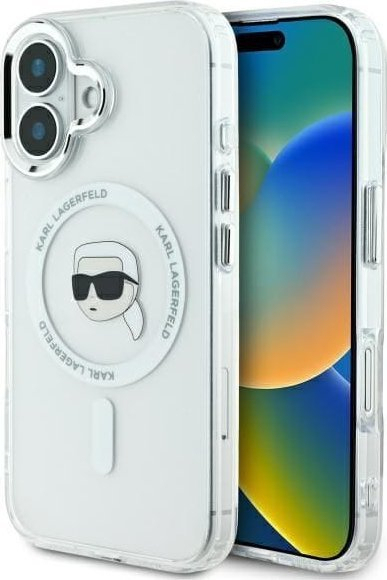 Kejs telefoni Karl Lagerfeld IML Metal Karl Head MagSafe, për iPhone 16 Plus 6.7\", i bardhë