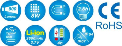 Dritë dore flashlight 8W COB 800LM, e zezë
