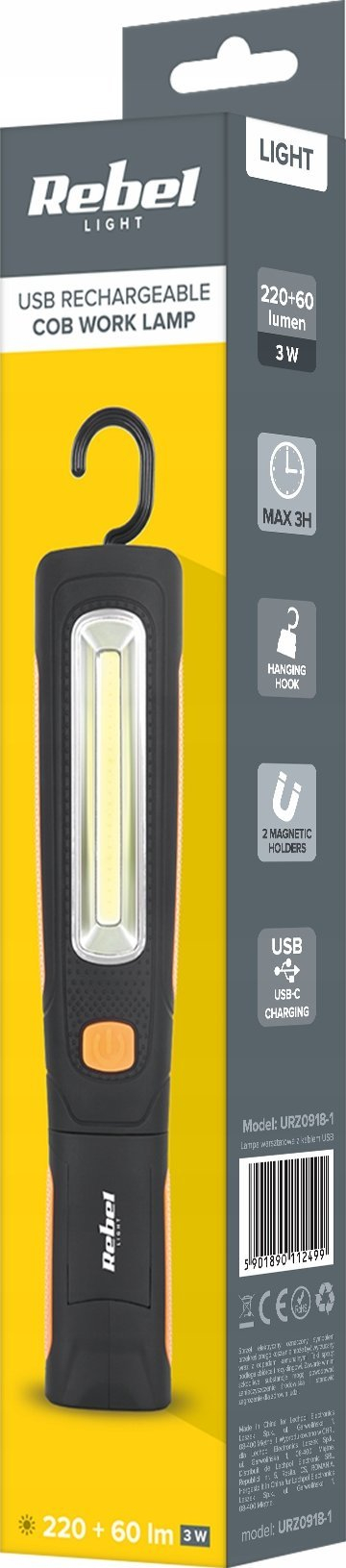 Електрична ламба за во рака Rebel URZ0918-1, LED, полначлива, црна