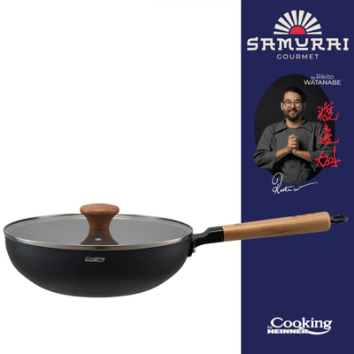 Tigan wok Rikito Watanabe Samurai Gourmet, 26cm, me kapak, ngjyrë druri