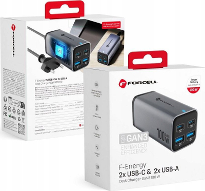 Karikues murale Forcell GaN3, 100W, 2x USB C 2x USB A, kabllo 1.5m
