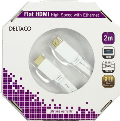 Kabllo HDMI Deltaco 2.0 Flat, 2 m, me Ethernet, e bardhë
