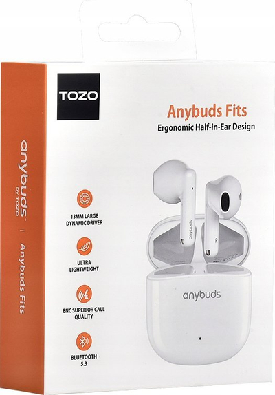 Kufje wireless Tozo Anybuds Fits, Bluetooth 5.3, me kasë karikimi, të bardha