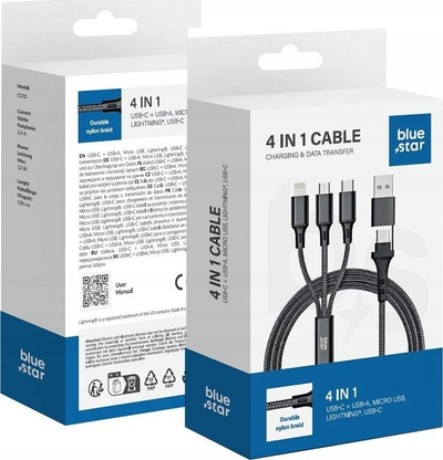 Kabllo karikimi Blue Star 4 në 1, USB A në Micro USB, Lightning, Type C, 2.4A 12W, 1.2 m