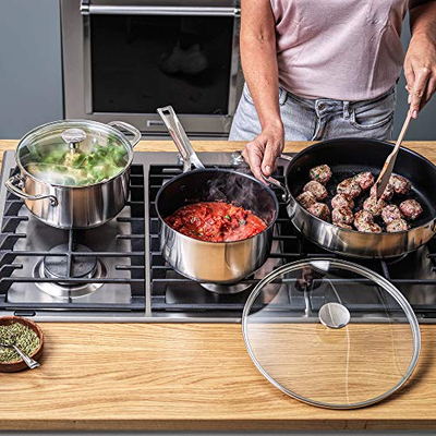 Set tenxoresh KitchenAid Inox, 5 pjesë, me kapakë qelqi, çelik inox argjendtë