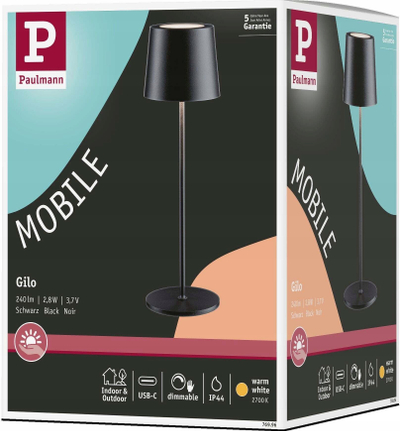 Llampë tavoline LED Paulmann Gilo 76996, portative, me bateri të rikarikueshme USB C, e zezë matte