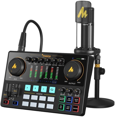 Set podcasti Maono AME2A, mikser audio me mikrofon XLR, USB C, i zi