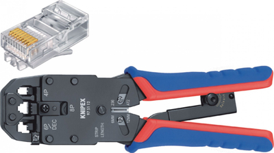 Këmbalidhëse krimpuese Knipex 975112 për RJ10, RJ11, RJ45, me prerëse kabllosh, ngjyrë e zezë