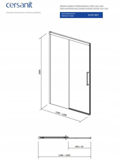 Derë rrëshqitëse dushi Cersanit CREA, 120x200 cm, xham i tejdukshëm 8 mm, kromo