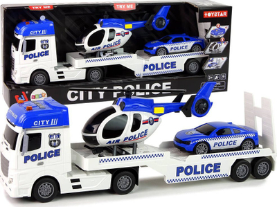 Set lodrash policie LeanToys, rimorkiator, helikopter dhe veturë, dritë dhe zë