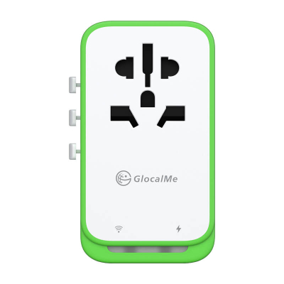 Adaptor udhëtimi GlocalMe Roamplug, hotspot Wi‑Fi 4G LTE, 70W, i bardhë me jeshile