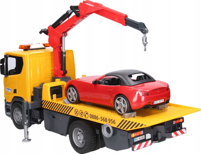 Set lodrash Bruder Scania Super 560R Roadside Assistance Tow Truck me Roadster, drita dhe tinguj, shkalla 1:16, shumëngjyrësh