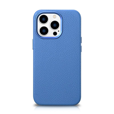 Këllëf lëkure iCarer Litchi për iPhone 14 Pro Max, MagSafe, blu e çelët