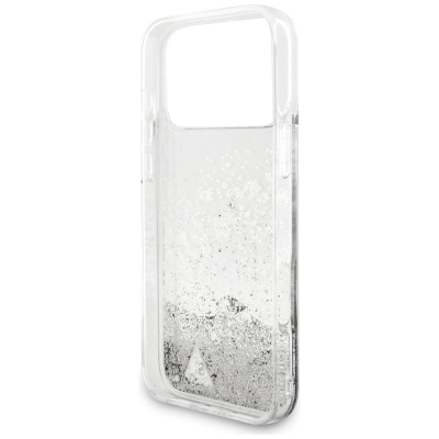 Kapak telefoni Guess Liquid Glitter Charms GUHCP17XGLHFLSI, për iPhone 17 Pro Max, transparent me shkëlqim, ngjyrë argjendi