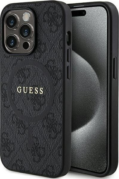 Mbrojtëse telefoni Guess 4G Leather Metal Logo Hardcase për iPhone 15 Pro, MagSafe, e zezë