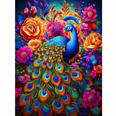 Pikturë me diamante Peacock, pallua me lule shumëngjyrëshe, 30x40cm