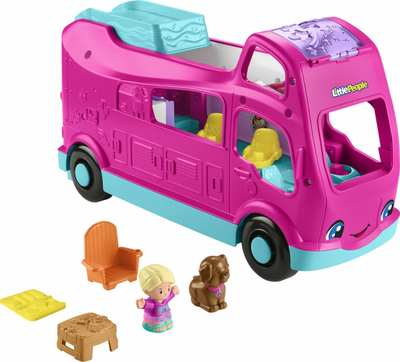 Lodër kamper Fisher-Price Little People Little Dream Camper, me drita edhe tinguj, me 2 figura, rozë