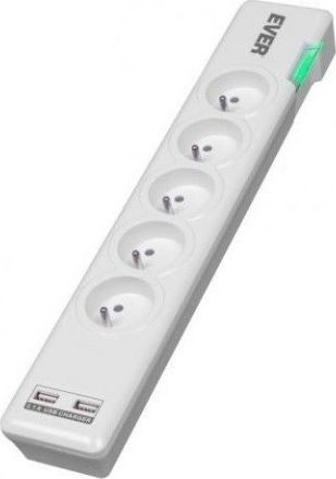 Kabllo energjie Ever Elite, 5 priza, 2 porta USB, 1.5m, e bardhë