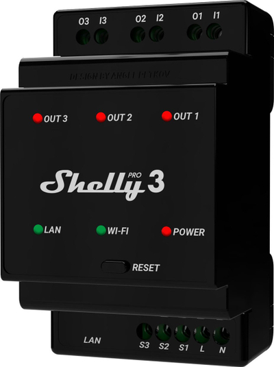 Rele inteligjente Shelly Pro 3, Wi-Fi 2.4GHz, 16A, e zezë