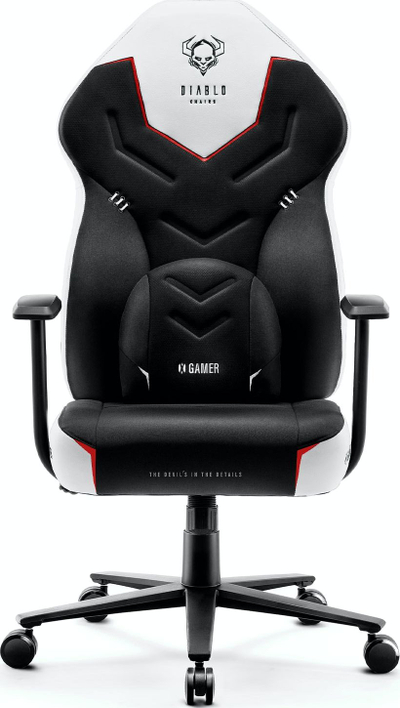 Kомпјутерска гејминг столица Diablo Chairs X-Gamer Snow White, ергономска, со потпирачи за раце, црно-бела