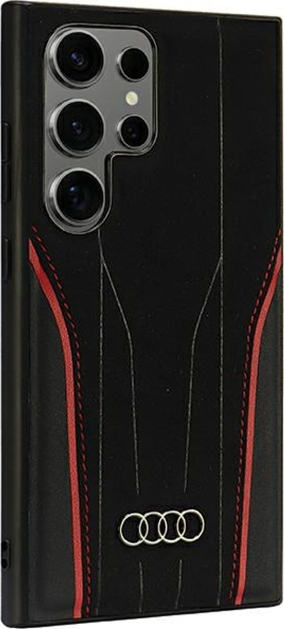 Kapak telefoni Audi Genuine Leather MagSafe për Samsung Galaxy S24 Ultra, lëkurë natyrale, i zi me t’kuqe