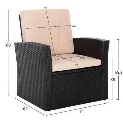 Set kopshti lounge 4-pjesësh Thore – 4 kolltukë & Tavolinë për kafe (HM5978), zezë/ bezhë