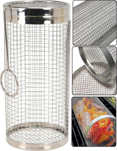 Shportë grilli cilindrike BBQ, çelik inoks, 20 cm, ngjyrë argjendi