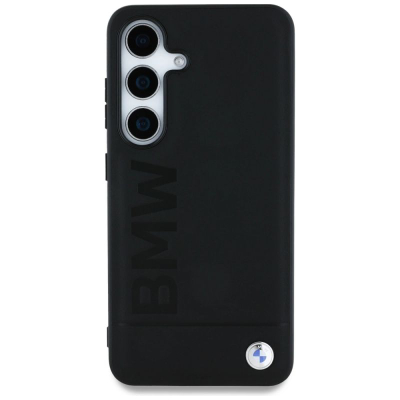 Kapak telefoni BMW për Samsung S25, lëkurë, me stemën e stampuar, i zi