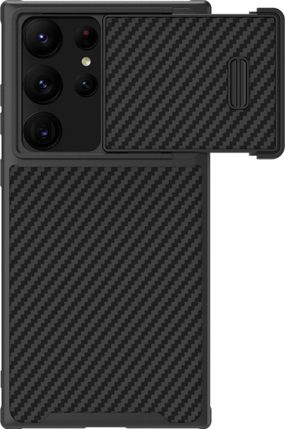 Mbulesë telefoni NILLKIN Synthetic Fiber S për Samsung Galaxy S22/S23 Ultra, kapak kamere me rrëshqitje, fibrë karboni, e zezë