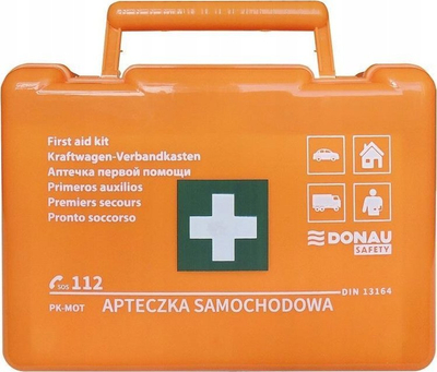 Komplet ndihme e parë për makinë DONAU SAFETY, standard DIN 13164, kuti plastike portokalli