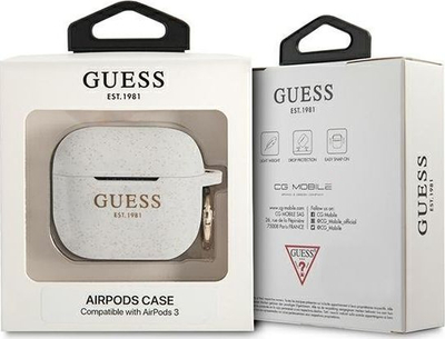 Kuti mbrojtëse Guess GUA3SGGEH për AirPods 3, silikon me shkëlqim, e bardhë