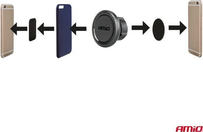 Mbajtëse magnetike telefoni për makinë AMiO 04142, rrotullim 360°, universale, e zezë