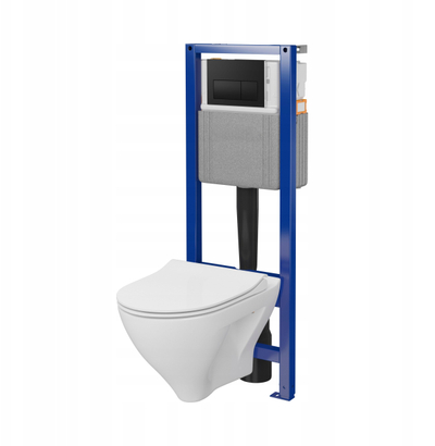 Set WC pezull Cersanit C60 System 40 MZ316, gucë CleanOn me ulëse SLIM soft close, buton mekanik i zi mat