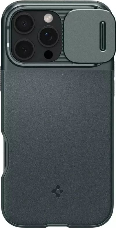 Kapotë telefoni Spigen Optik Armor MagSafe për iPhone 16 Pro, mbrojtje hibride, me kapak kamere, jeshile Abyss