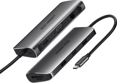 USB-C хаб Ugreen 9 во 1, HDMI 4K, VGA, RJ45, PD 100W, сиво металик