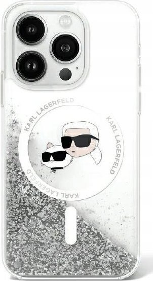 Kapak telefoni Karl Lagerfeld Liquid Glitter Karl and Choupette, MagSafe, për iPhone 15 Pro, transparent