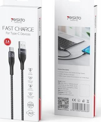 Kabllo kariku YESIDO CA121C, USB në Type C, 1m, karikim i shpejtë, e bardhë