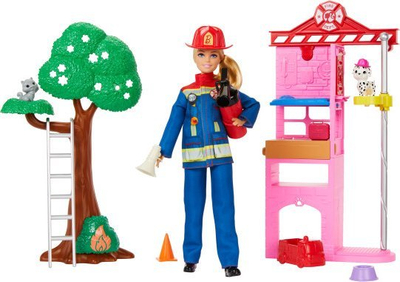 Set lojrash Barbie Careers Firefighter, kukull zjarrfikëse, stacion zjarri, me aksesorë