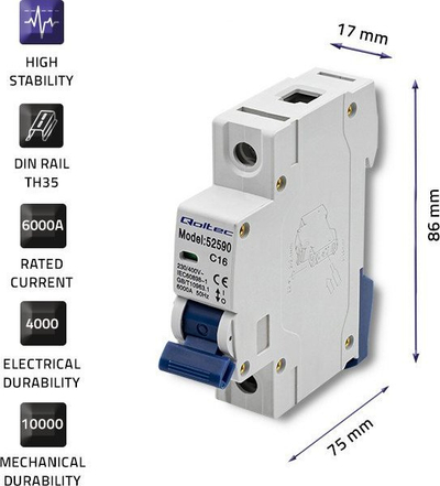 Siguresë automatike Qoltec 52590 C16, 16A, 1 pol, gri e kaltër