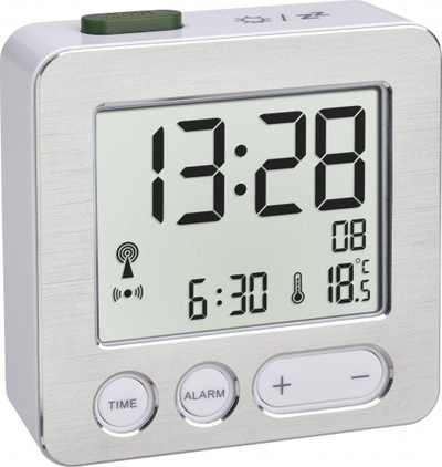 Ora me alarm TFA 60.2545.54, radio digjitale, ekran me temperaturë, argjend e bardhë
