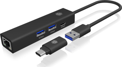 HUB USB Icy Box IB-HUB1439-LAN, 4 në 1, USB 3.2, i zi
