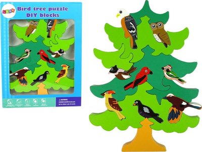 Puzzle druri LeanToys Wooden Tree Forest Birds, puzzle 3D, shumëngjyrësh