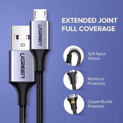 Kabllo USB Ugreen, USB-A në microUSB, 0.25 m, e zezë