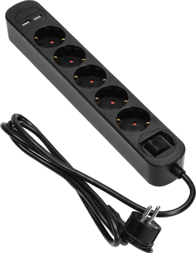 Zgjatës me mbrojtje Virone PS 1 GS, 5 presa Schuko, 1.5m, 2x USB, i zi