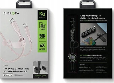Kabllo karikimi Energea Cable Flow, USB C në Lightning, 1.5m, 60W 3A, gri rozë