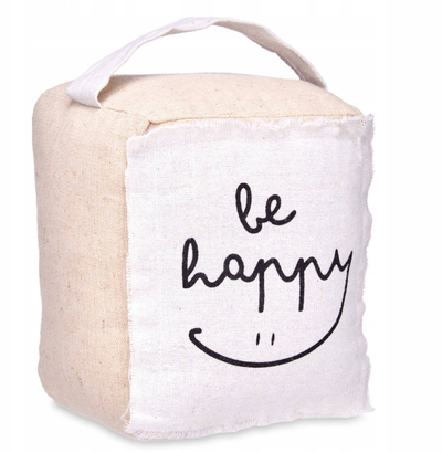 Bllokues dere Be Happy, formë kube, material stof, bezhë